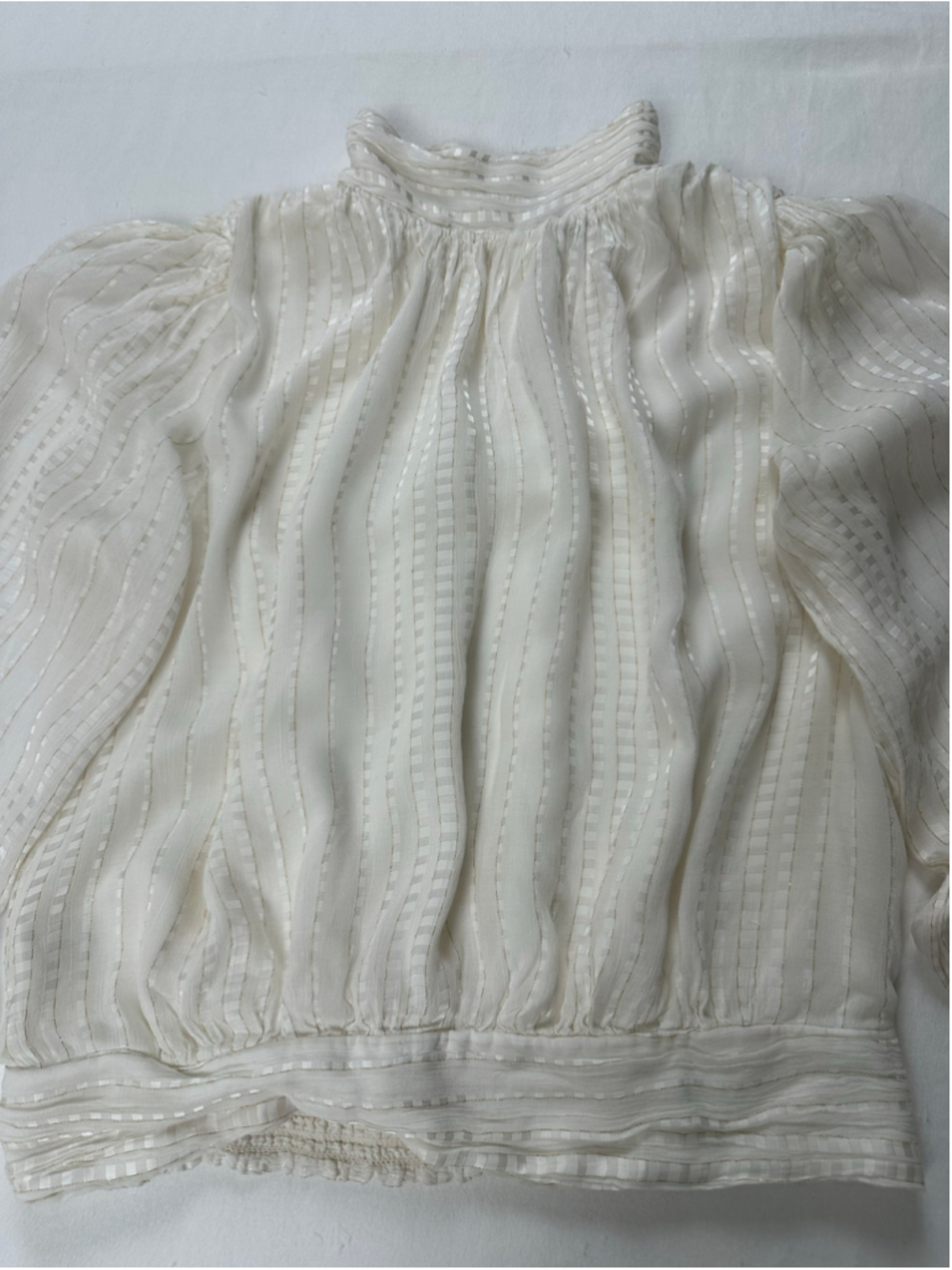 Ann Taylor Small Ivory Metallic Stripe High Neck Puff Sleeve Romantic Blouse - Picture 6 of 13